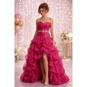 Hebeos Pink Strapless High Low Prom Dress Sz 12-14 Rhinestone Belt Ruffles Gown